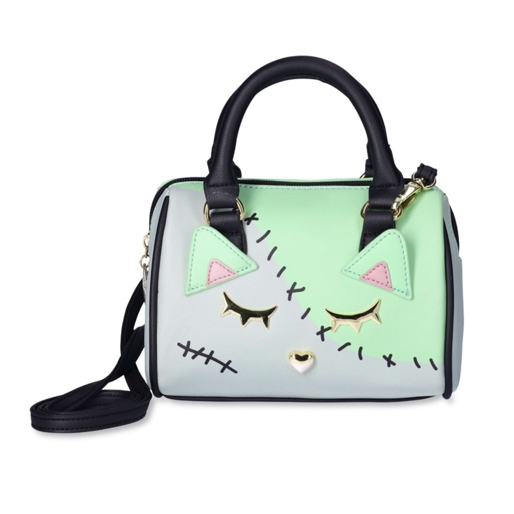 Betsey Johnson Small Mint Green & Black Cat Applique Crossbody Satchel NWT